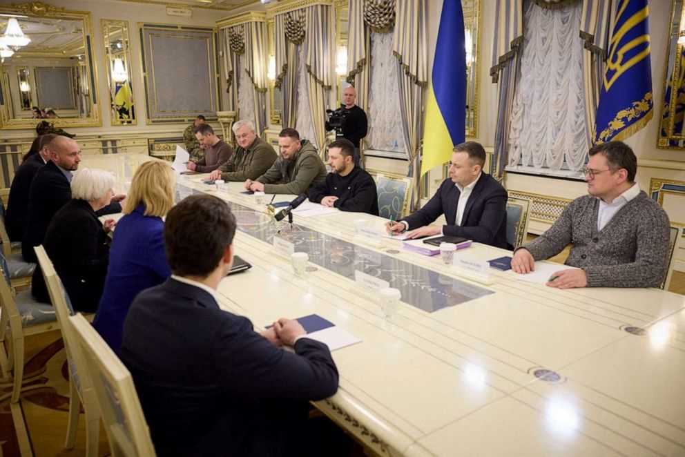 PHOTO: U.S. Treasury Secretary Janet Yellen attends a meeting with Ukraine's President Volodymyr Zelenskyy, amid Russia's attack on Ukraine, in Kyiv, Feb. 27, 2023.