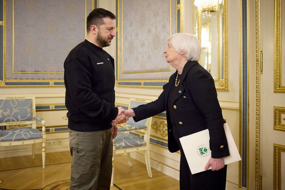 PHOTO: Ukraine's President Volodymyr Zelenskyy welcomes U.S. Treasury Secretary Janet Yellen, amid Russia's attack on Ukraine, in Kyiv, Feb. 27, 2023.
