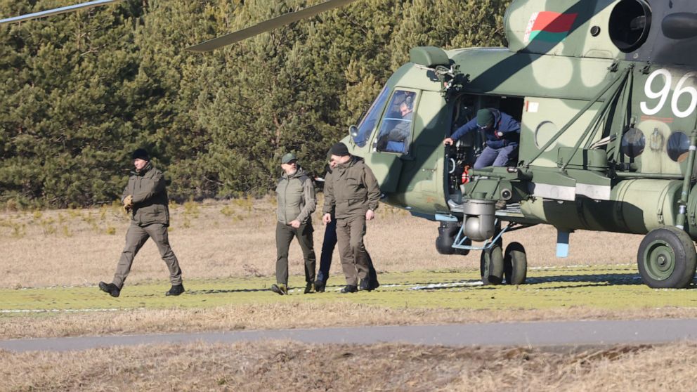 PHOTO: Ukrainian Defence Minister Oleksii Reznikov, second from left, arrives to attend the talks between delegations from Ukraine and Russia in Belarus' Gomel region on Feb. 28, 2022.