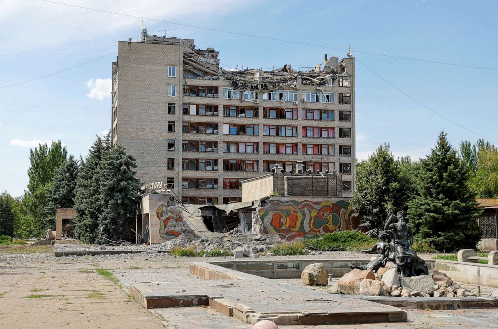 PHOTO: A view shows a hotel building hit by recent shelling in the course of Ukraine-Russia conflict in the Russian-controlled town of Svitlodarsk in the Donetsk region, Ukraine, on Aug. 8, 2022.