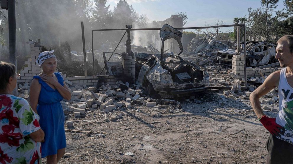 PHOTO: Smoke rises from the rubble of a building destroyed by a Russian rocket, in Kramatorsk, amid the Russian invasion of Ukraine, on July 29, 2022.