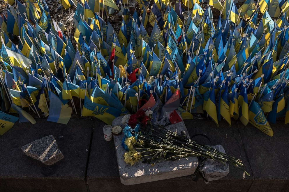 PHOTO: KYIV, UKRAINE - FEBRUARY 23: Ukrainian flags commemorating Ukrainian soldiers killed during the war with Russia, at Independence Square, on February 23, 2023 in downtown Kyiv, Ukraine.