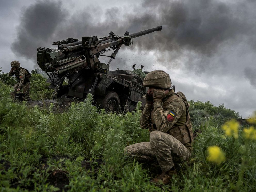 PHOTO: Ukrainian service members of the 55th Separate Artillery Brigade fire a Caesar self-propelled howitzer towards Russian troops, amid Russias attack on Ukraine, near the town of Avdiivka in Donetsk region, Ukraine, May 31, 2023.