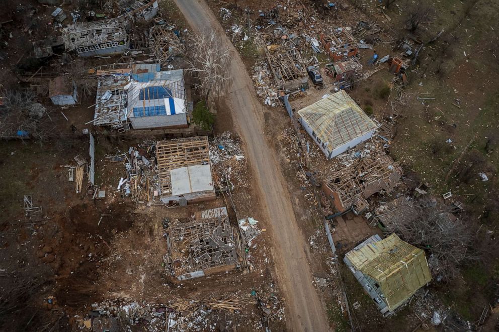 PHOTO: An aerial view shows destroyed houses in the village of Yakovlivka after it was hit by an aerial bombardment outside Kharkiv, as Russias attack on Ukraine continues, April 6, 2022. 