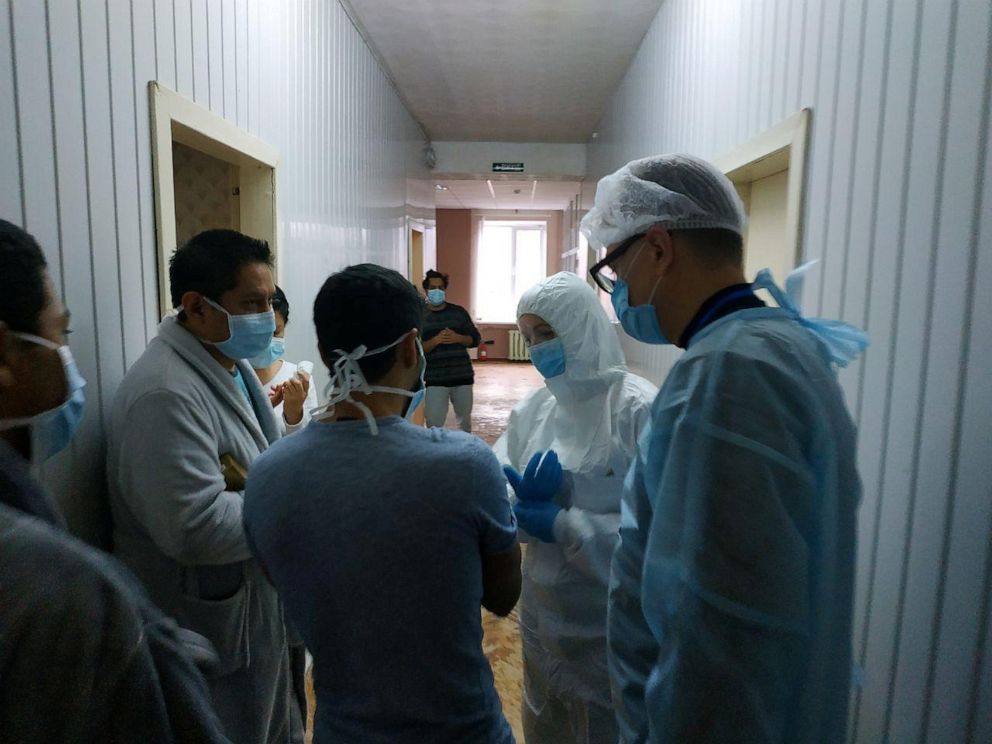 PHOTO: Ukraine's Health Minister Zoriana Skaletska speaks with evacuees from coronavirus-hit China's Hubei province at a sanatorium in the village of Novi Sanzhary in Poltava region, Ukraine, in this picture obtained from social media on Feb. 24, 2020.