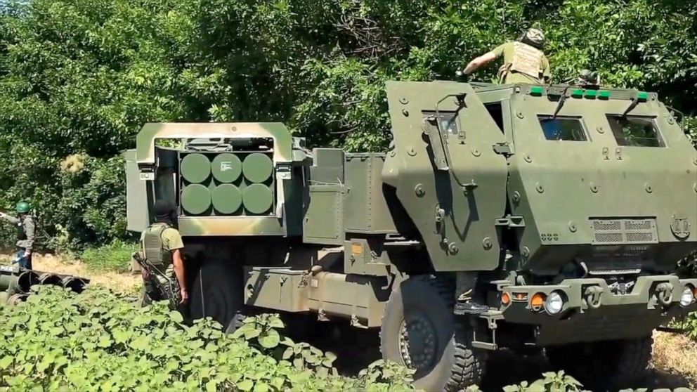 PHOTO: Ukrainian soldiers set up U.S supplied High Mobility Artillery Rocket Systems, or HIMARS multiple rocket launcher systems with a 43-mile range in Ukraine, on July 5, 2022.