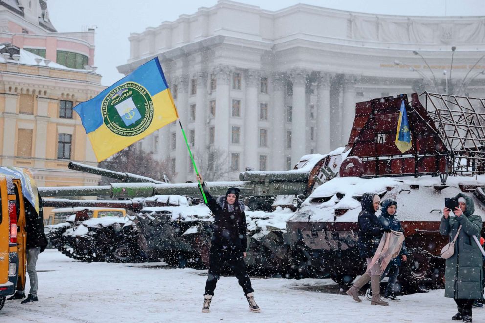 PHOTO: Relatives of Ukrainian prisoners of war gather at Mykhailivs'ka Square demanding the liberation of their loved ones through a prisoner exchange with Russia, Dec. 03, 2022, in Kyiv, Ukraine.