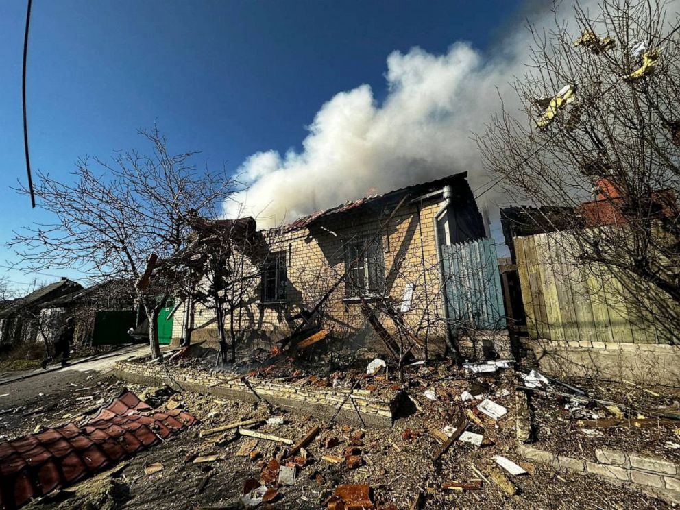 PHOTO: A burning residential house is seen after a Russian military strike, amid Russia's attack on Ukraine, in Kherson, Ukraine, March 9, 2023.