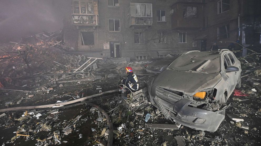 PHOTO: A rescuer works at a site of a residential building heavily damaged by a Russian missile strike, amid Russia's attack on Ukraine, in Zaporizhzhia, Ukraine, Oct. 10, 2022.