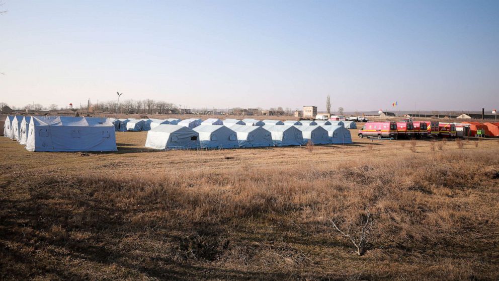 PHOTO: A humanitarian center for refugees coming from Ukraine is shown at the Moldovan-Ukrainian border, in Palalanca, Moldova, on Feb. 25, 2022.