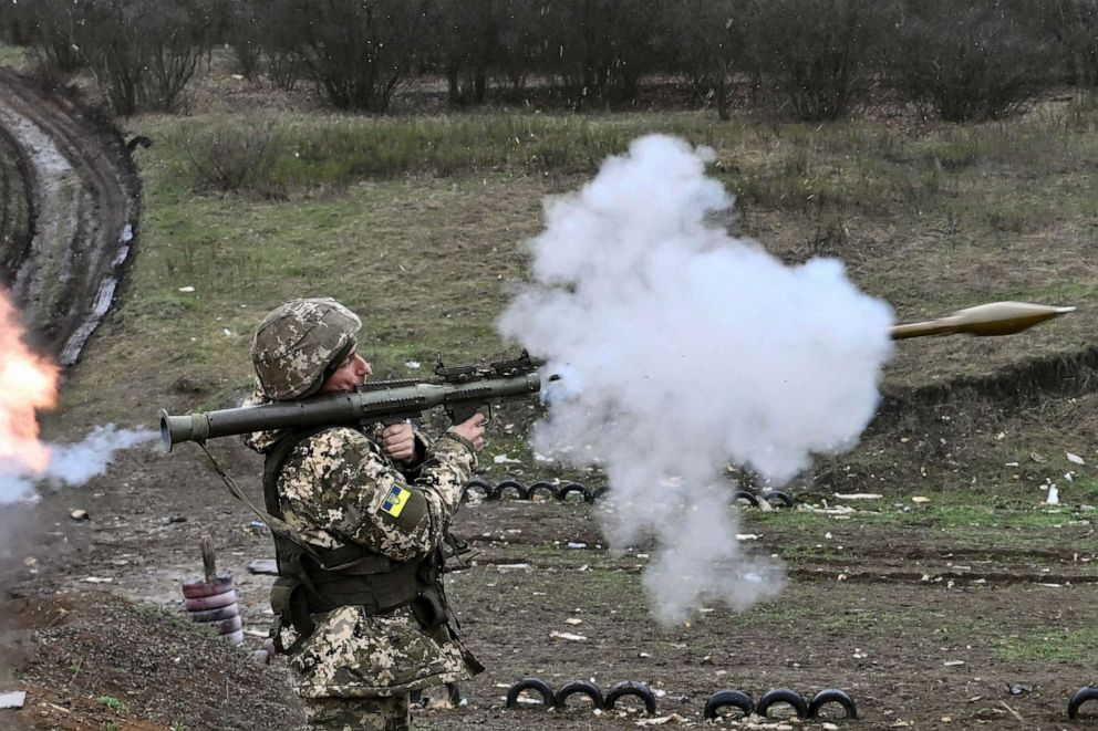PHOTO: A Ukrainian serviceman fires a rocket-propelleged grenade (RPG) during a training exercise in Donetsk region on April 6, 2023, amid the Russian invasion of Ukraine.