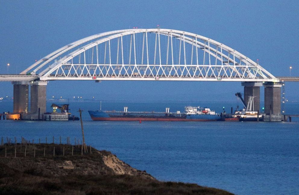 PHOTO: A view of the Crimean Bridge across the Kerch Strait is closed for the passage of civil vessels after there was reportedly an altercation between Russian and Ukrainian ships, Nov. 25, 2018. 