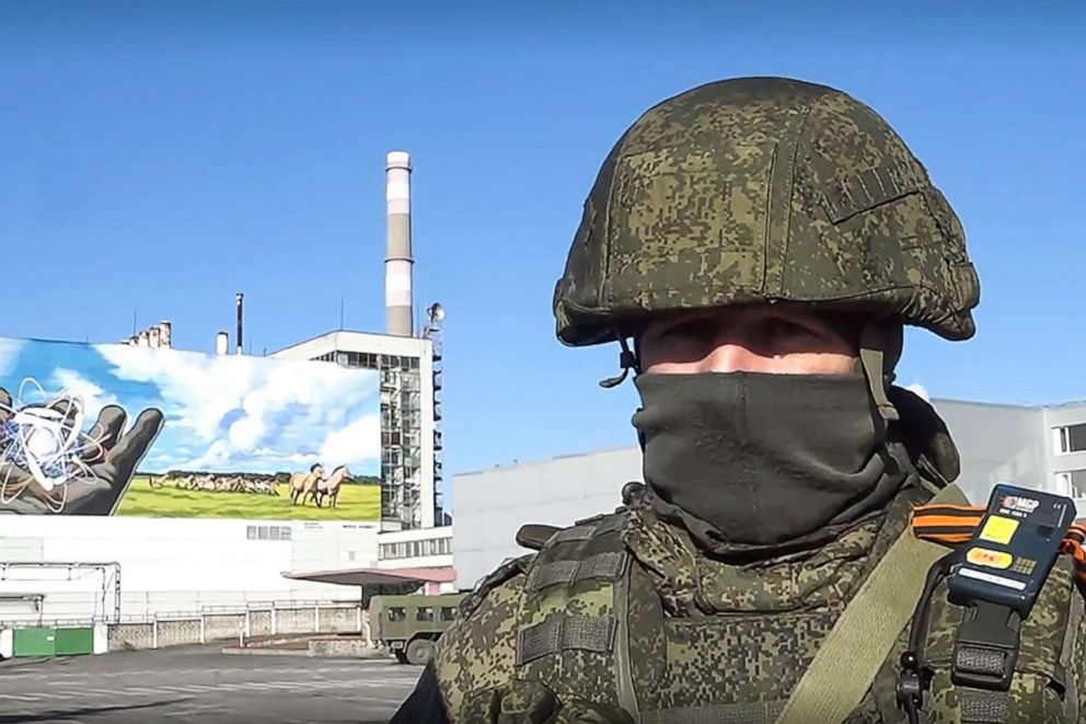 PHOTO: A soldier stands guard at the Chernobyl Nuclear Power Plant in a still taken from video released on Feb. 26, 2022.