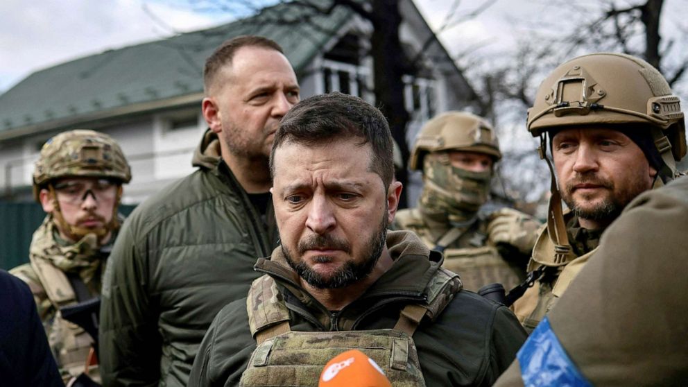 PHOTO: Ukainian President Volodymyr Zelenskyy speaks to the press in the town of Bucha, Ukraine, April 4, 2022.
