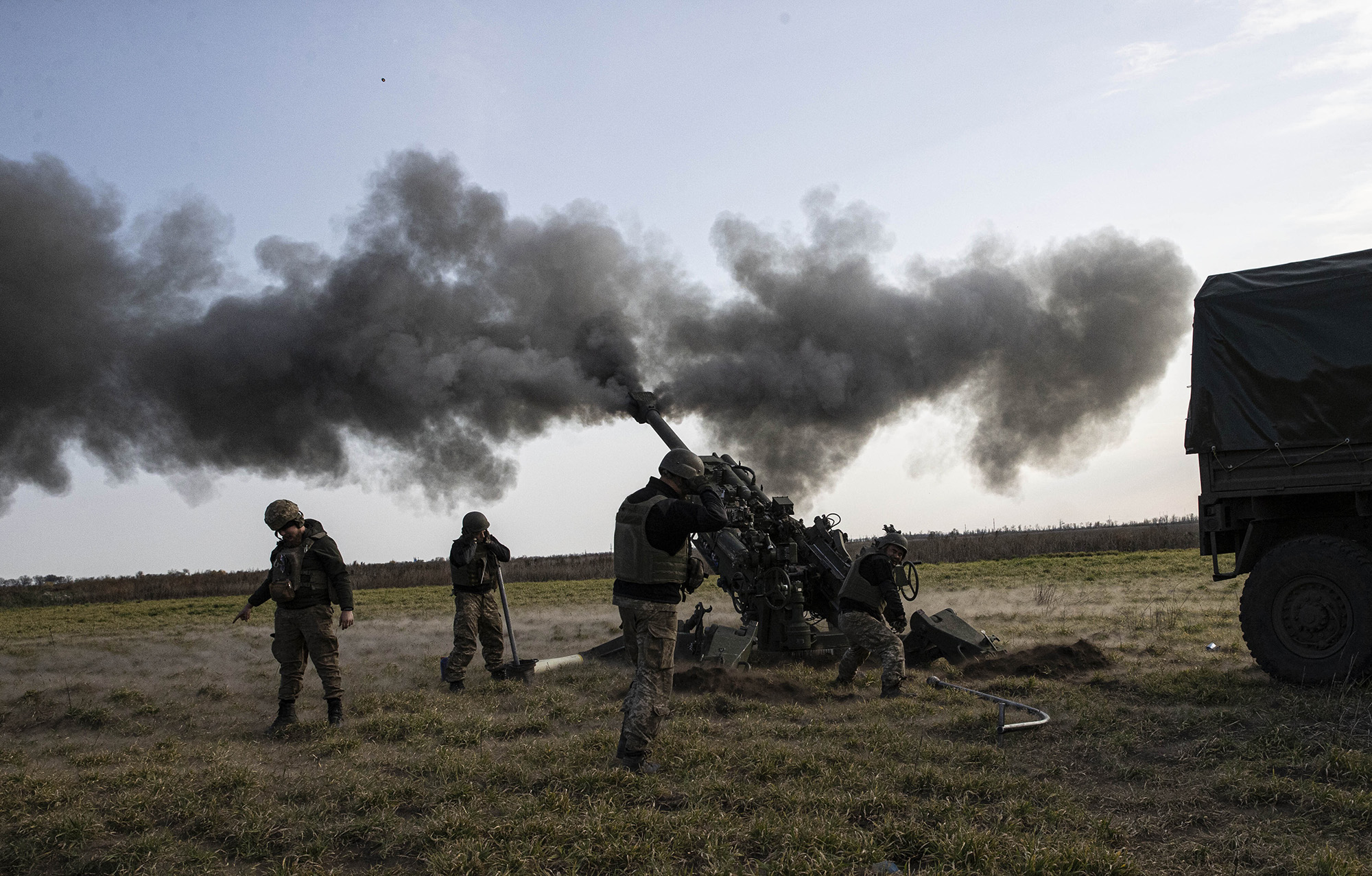 PHOTO: A howitzer, belonging to Ukrainian artillery battery attached to the 59th Mechanized Brigade, shoots-off to target the points controlled by Russian troops in Kherson Oblast, Ukraine on Nov. 05, 2022. 