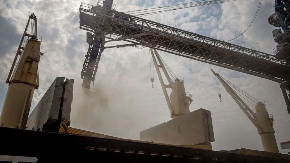 PHOTO: The first UN-chartered vessel MV Brave Commander loads more than 23,000 tuns of grain to export to Ethiopia, in Yuzhne, east of Odessa on the Black Sea coast, Aug. 14, 2022. 