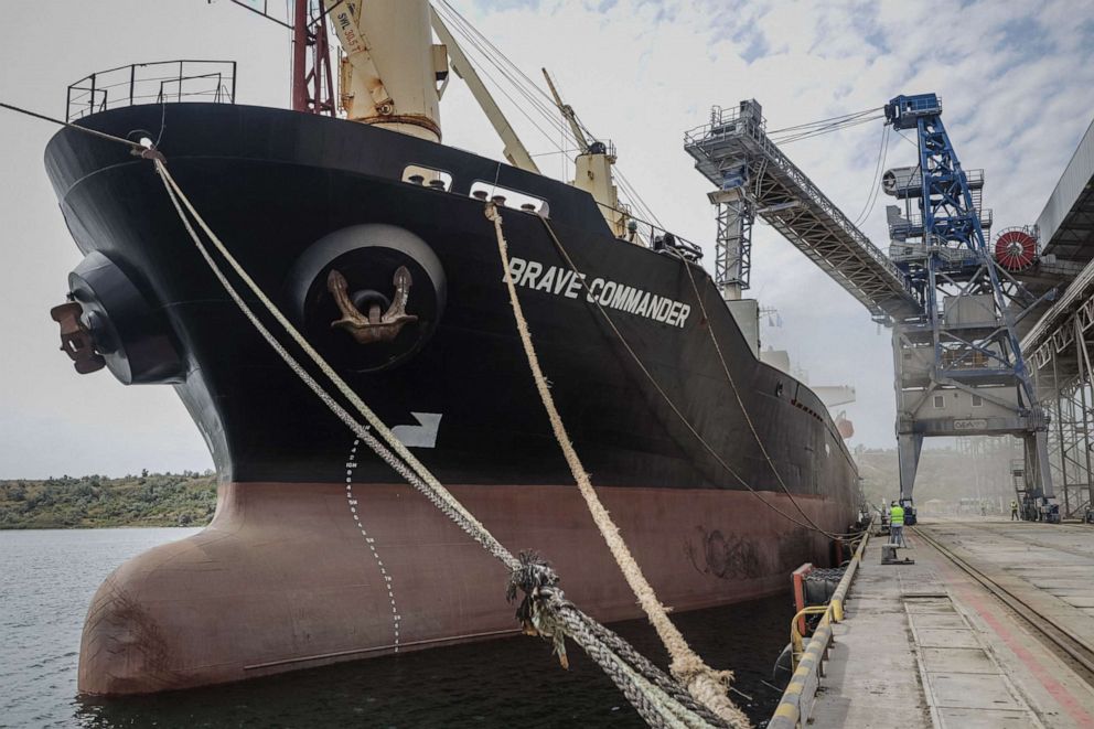 PHOTO: The first UN-chartered vessel MV Brave Commander loads more than 23,000 tuns of grain to export to Ethiopia, in Yuzhne, east of Odessa on the Black Sea coast, Aug. 14, 2022. 