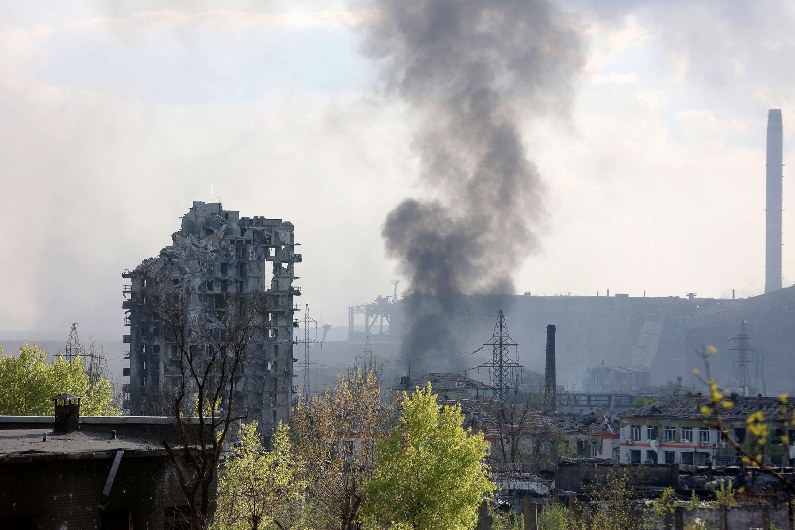 PHOTO: Smoke rises from the Metallurgical Combine Azovstal in Mariupol, in territory under the government of the Donetsk People's Republic, eastern Ukraine, May 4, 2022. 