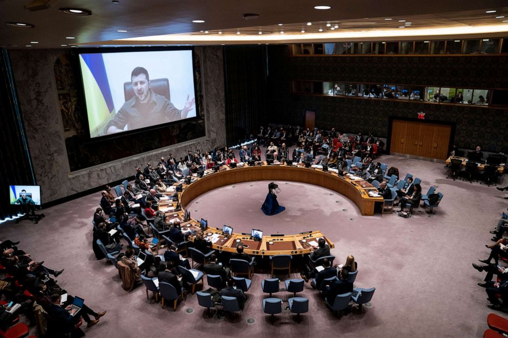 PHOTO: Ukrainian President Volodymyr Zelenskyy speaks via remote feed during a meeting of the UN Security Council, April 5, 2022, at United Nations headquarters.