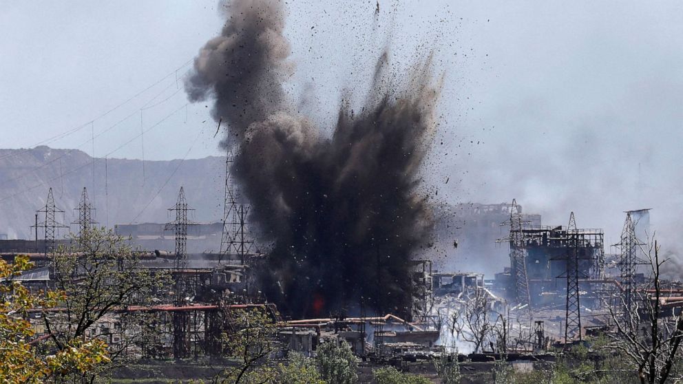PHOTO: Debris flies from an explosion at a plant of Azovstal Iron and Steel Works during Ukraine-Russia conflict in the southern port city of Mariupol, Ukraine May 11, 2022.