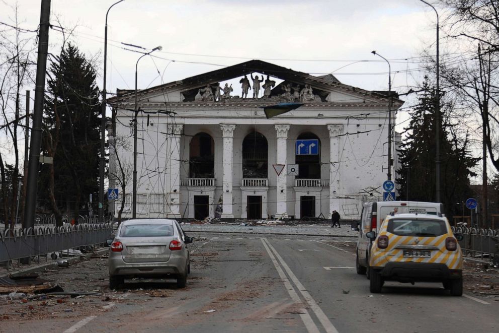 PHOTO: The facade of the Mariupol theater stands damaged folling shelling during Russia's invasion of Mariupol, Ukraine, April 4, 2022.