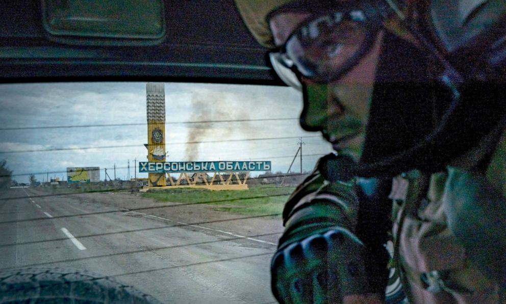 PHOTO: Ukrainian soldiers make a patrol in the entrance of the Kherson region, very close to the russian positions, in the frontline of Mykolaiv, Ukraine, April 19, 2022. 