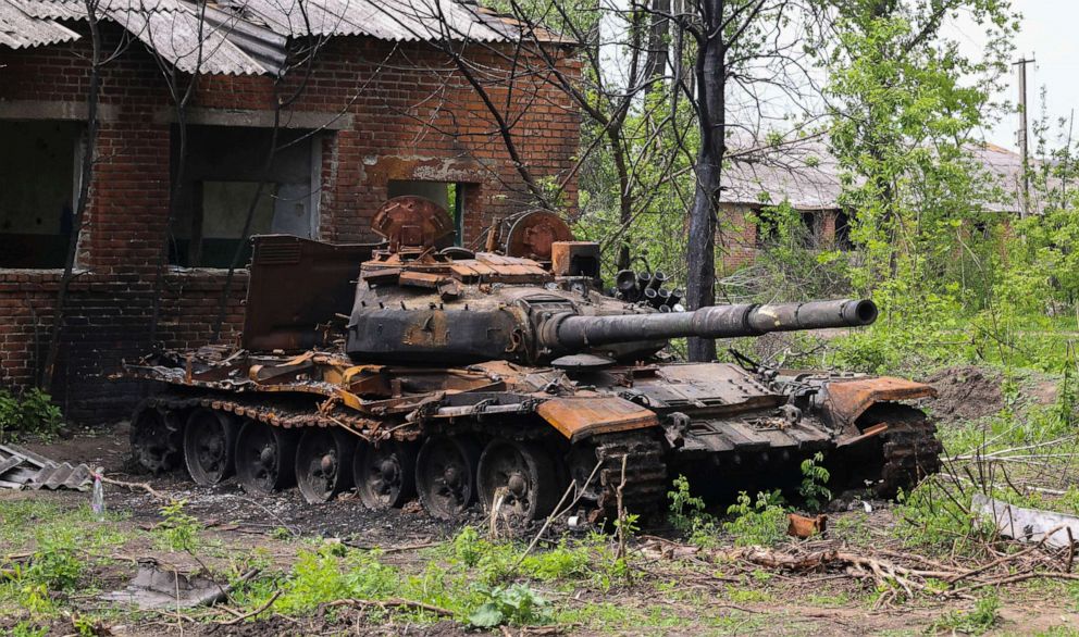 PHOTO: Debris of a burned tank is seen in Mala Rohan' village near Kharkiv, Ukraine, May 18, 2022.