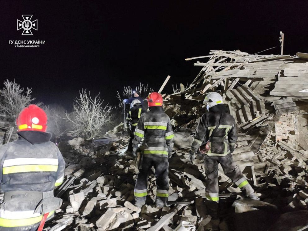 PHOTO: Rescuers work at a site of residential buildings destroyed by a Russian missile strike, amid Russia's attack on Ukraine, in Lviv region, Ukraine, March 9, 2023.