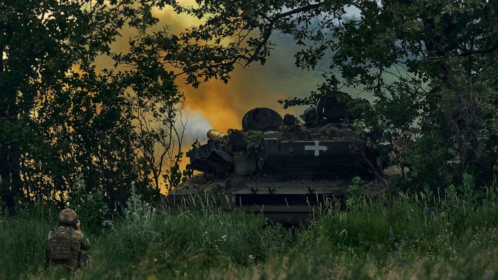 PHOTO: A Ukrainian tank fires toward Russian positions at the frontline near Bakhmut, Donetsk region, Ukraine, Saturday, June 17, 2023. (AP Photo/Libkos)