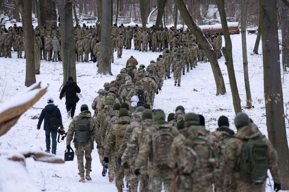 PHOTO: Civilian participants receive basic combat training in a forest on Jan. 22, 2022 in Kyiv, Ukraine.
