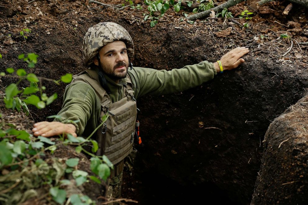 PHOTO: A Ukrainian soldier in a trench at his position on the frontline close to Bakhmut, Donetsk region, Ukraine, Friday, June 16, 2023. (Roman Chop via AP)