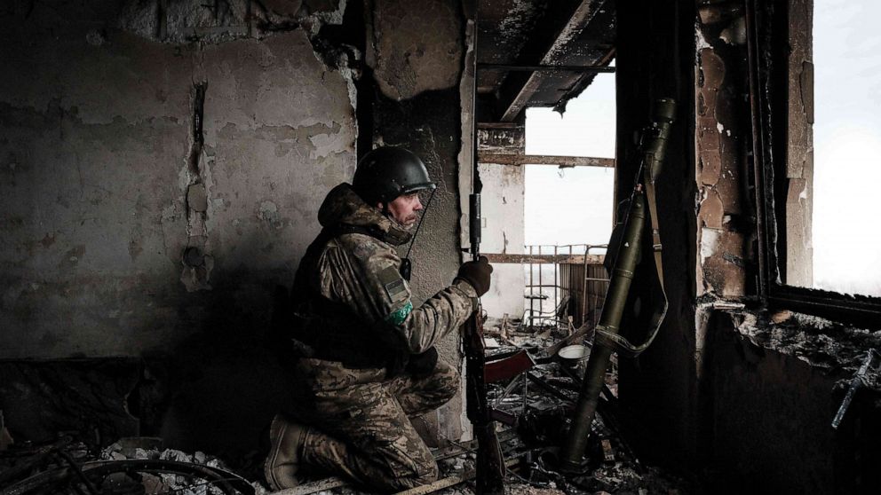 PHOTO: A Ukrainian serviceman of the State Border Guard Service works in a position in Bakhmut on Feb. 9, 2023, amid the Russian invasion of Ukraine.