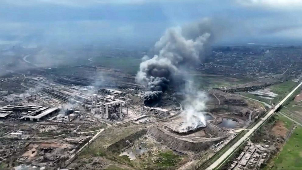 PHOTO: Smoke rises above Azovstal steelworks, in Mariupol, Ukraine, in this still image obtained from a recent drone video posted on social media.