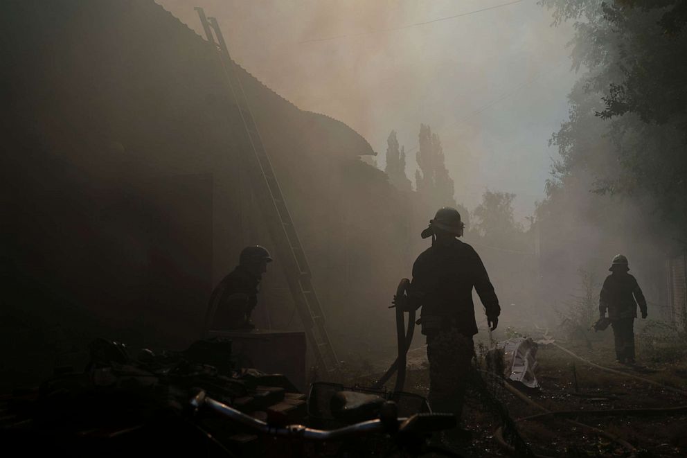 PHOTO: Firefighters work to extinguish a fire in Sloviansk, Donetsk region, eastern Ukraine, Aug. 29, 2022.
