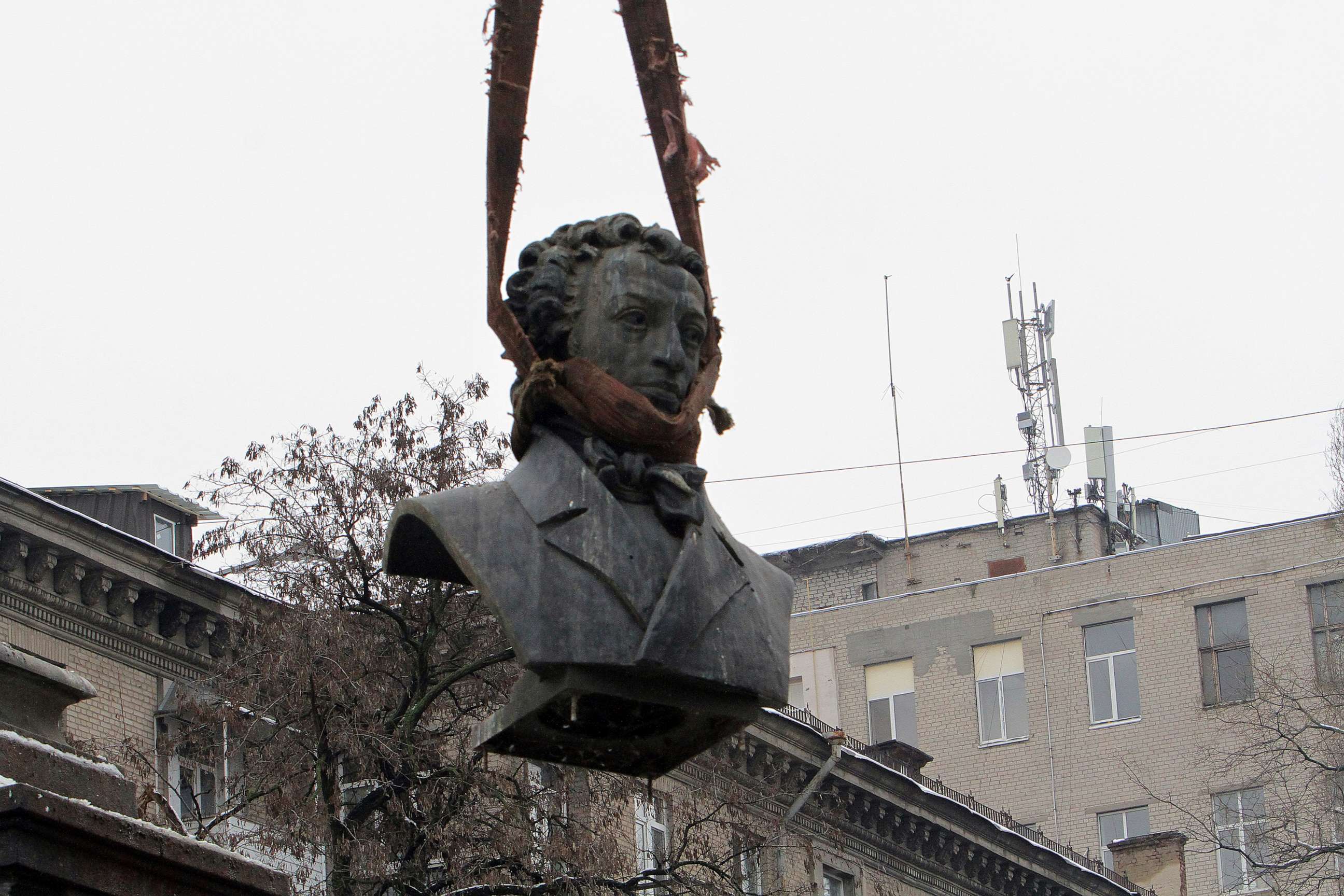 PHOTO: In this Dec. 19, 2022 file photo municipal service workers dismantle a monument to a Russian poet Alexander Pushkin in Dnipro, Ukraine.