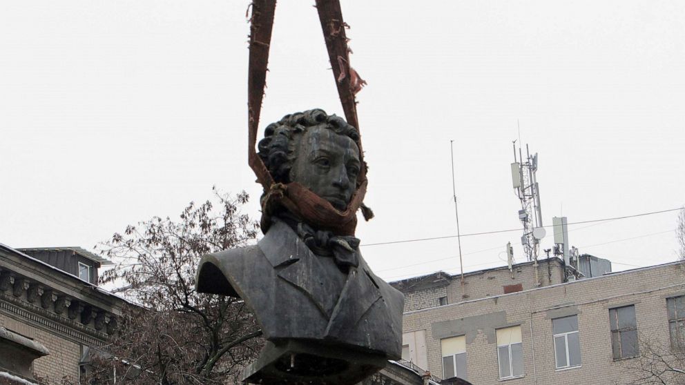 PHOTO: In this Dec. 19, 2022 file photo municipal service workers dismantle a monument to a Russian poet Alexander Pushkin in Dnipro, Ukraine.