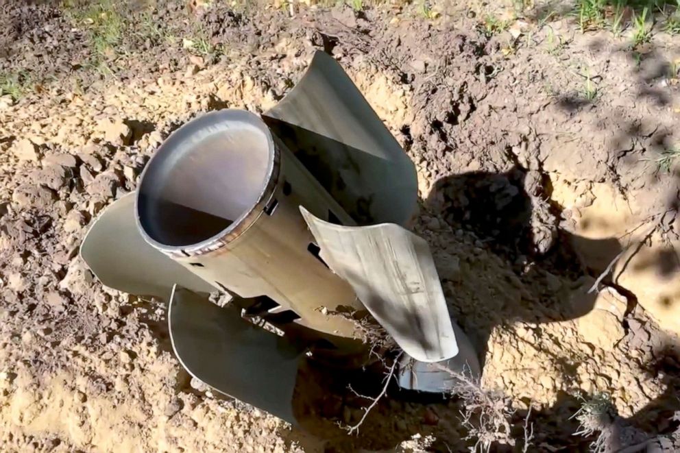 PHOTO: In this handout photo taken from video and released by Russian Defense Ministry Press Service on Aug. 7, 2022, A rocket fragment after shelling is seen near the Zaporizhzhia Nuclear Power Station.