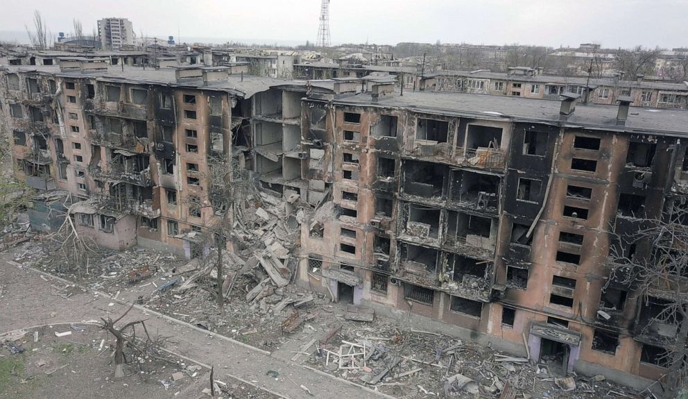 PHOTO: An aerial view shows a residential building destroyed during Ukraine-Russia conflict in the southern port city of Mariupol, Ukraine, April 18, 2022.