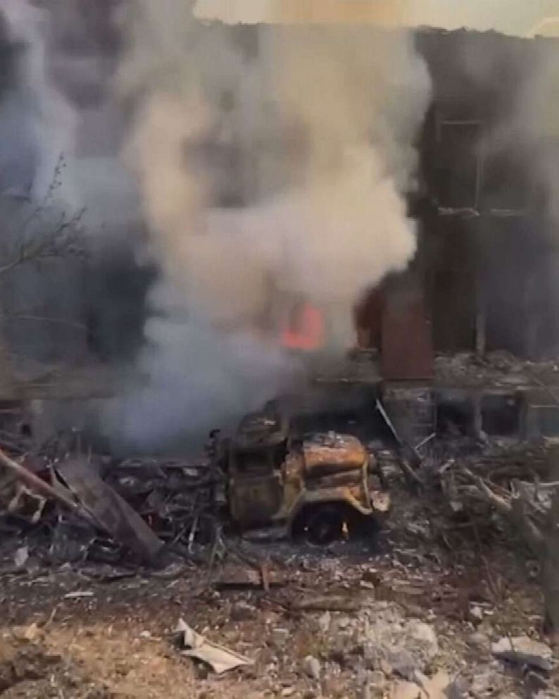 PHOTO: Lysychansk Gymnasium burns in Ukraine on May 1, 2022 in  a video grab from APTV.