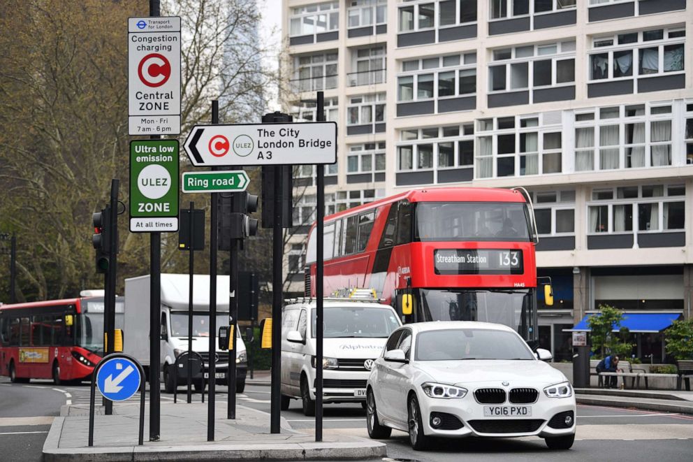 PHOTO: New signs for the ultra-low emission zone are pictured in central London on April 8, 2019.