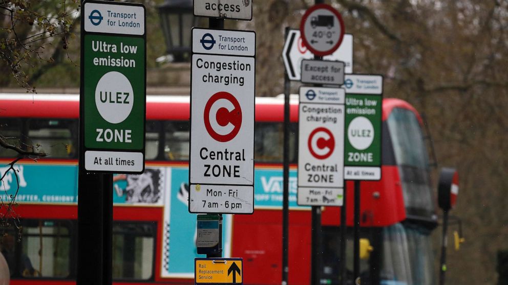 PHOTO: A London bus enters the new Ultra Low Emission Zone that has come into force Monday, in London, April 8, 2019.