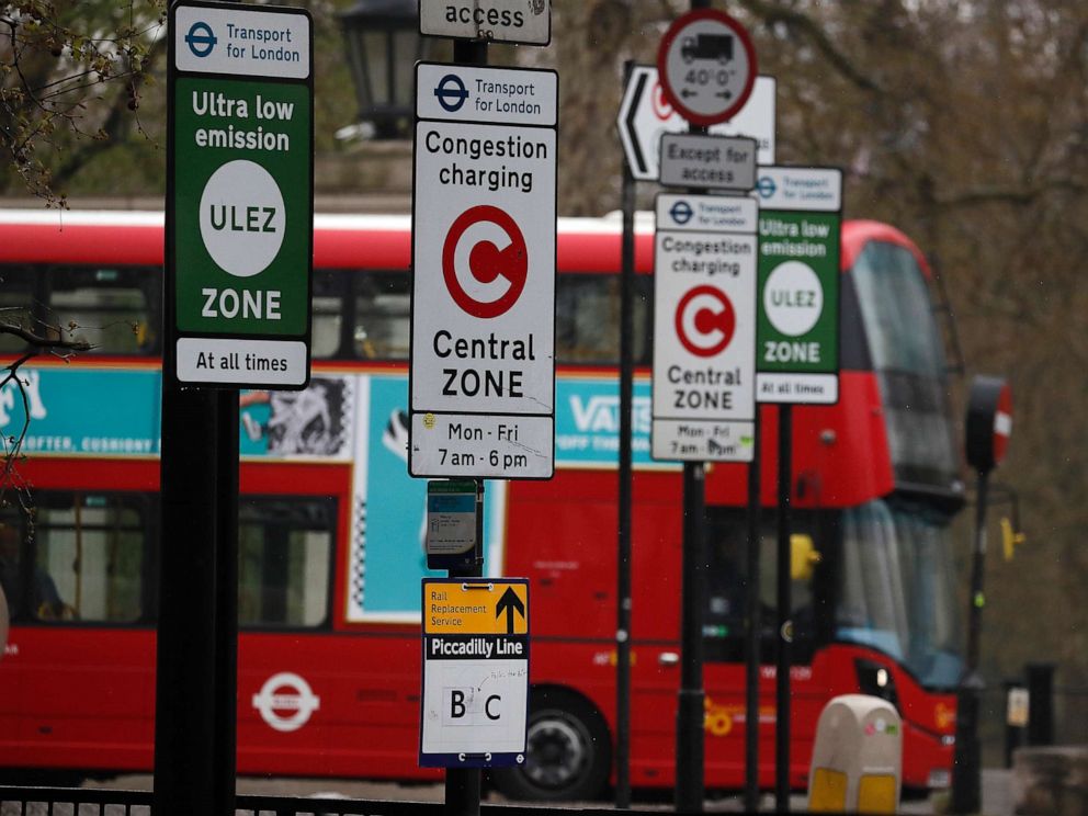 PHOTO: A London bus enters the new Ultra Low Emission Zone that has come into force Monday, in London, April 8, 2019.