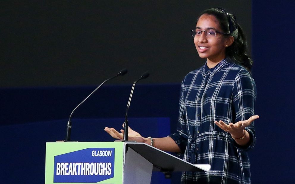 PHOTO: Children's Climate Prize 2020 winner and finalist for the first Earthshot Prize. Vinisha Umashankar of India, addresses a session on clean innovation and technology at the UN Climate Change Conference (COP26) in Glasgow, Britain, Nov. 2, 2021.