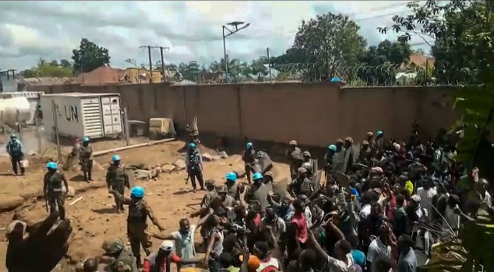 PHOTO: This frame grab taken from video footage shows crowds as they confront United Nations peackeepers on the outskirts of the eastern town of Beni, Democratic Republic of Congo, Nov. 25, 2019.