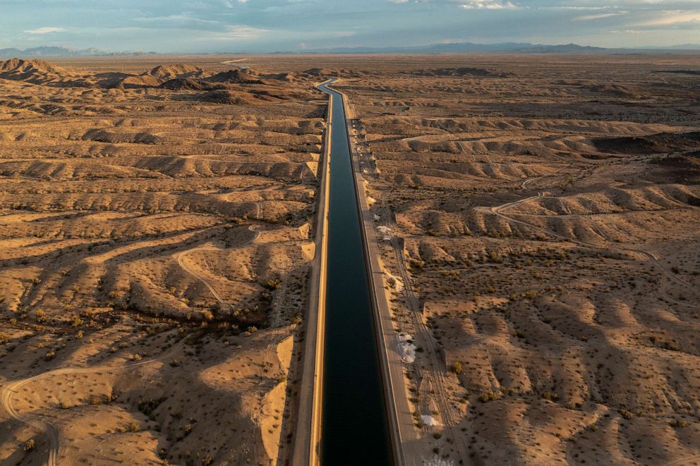 PHOTO: The Central Arizona Project Aqueduct, which transfers 456 billion gallons of Colorado River water each year to cities 336 miles away, is seen on Sept. 23, 2022 near Parker, Ariz.