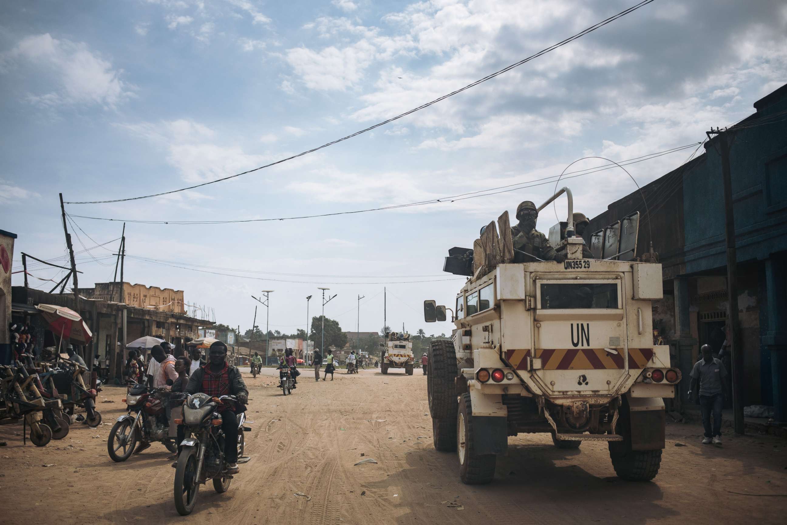 PHOTO: United Nations peacekeepers patrol a street where an attack took place in a nearby village the day before, in Oicha, eastern Democratic Republic of the Congo, Jan. 29, 2020.