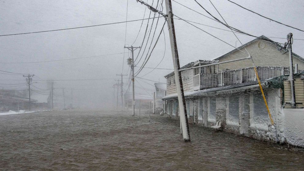 PHOTO: Streets and buildings are flooded from water coming over the seawall in Brant Rock during a nor'easter in Marshfield, Massachusetts, on Jan. 29, 2022.