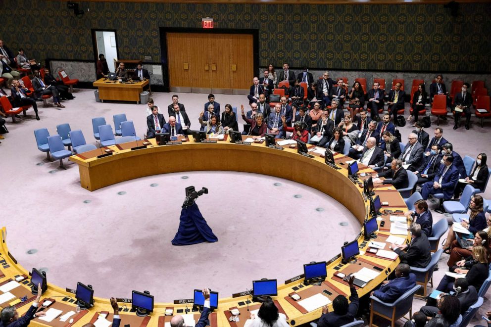 PHOTO: In this file photo, members of the United Nations Security Council vote on a resolution condemning the referendums on annexing several Russia-occupied regions of Ukraine, in New York, Sept. 30, 2022.