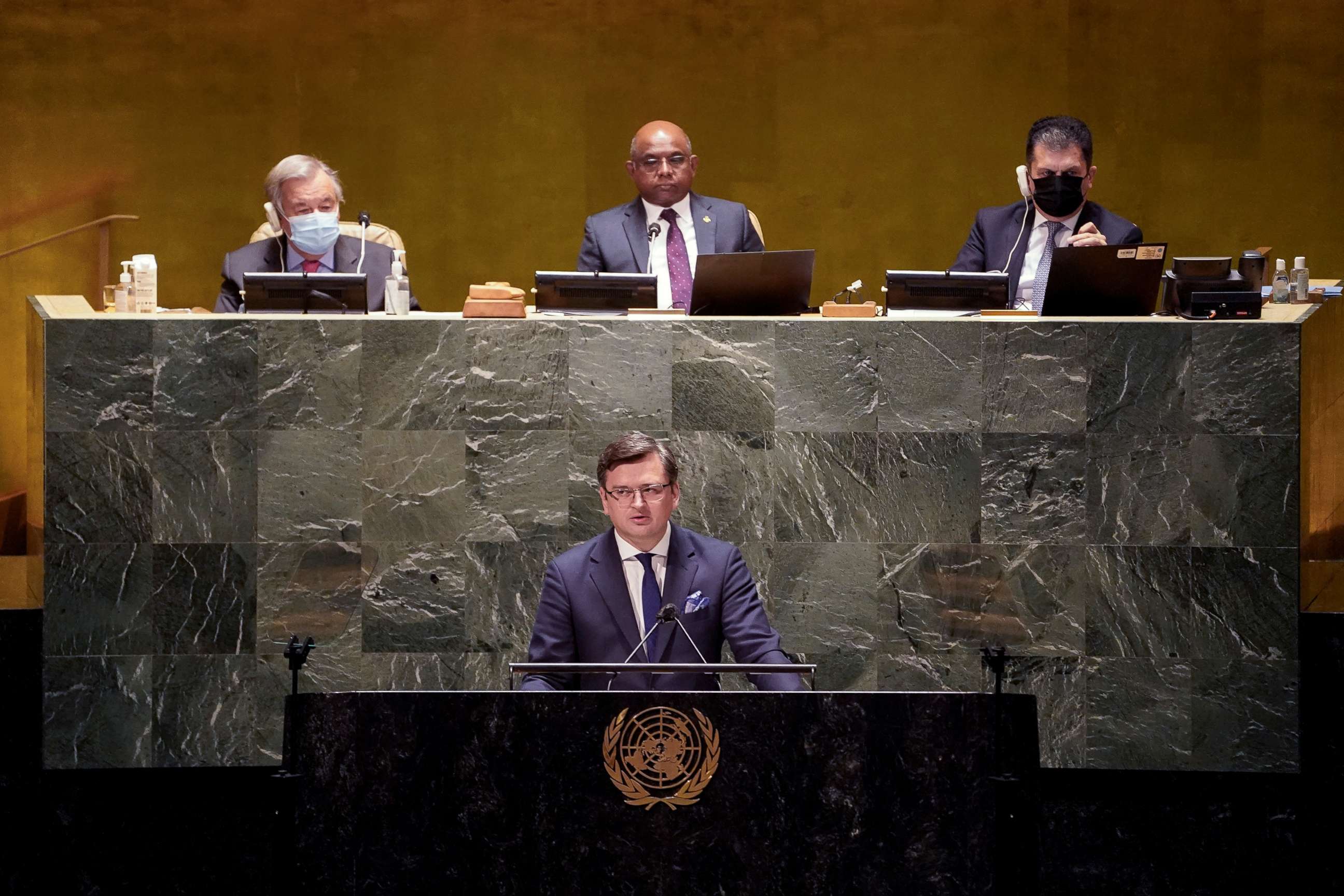 PHOTO: Ukrainian Foreign Minister Dmytro Kuleba speaks at the general assembly hall, Feb. 23, 2022, at United Nations Headquarters in New York.