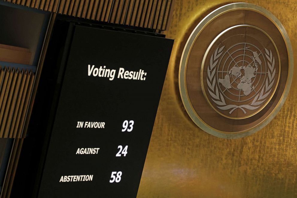 PHOTO: A display shows the results of voting on suspending Russia from United Nations Human Rights Council during an emergency special session at the UN headquarters in New York City, April 7, 2022.